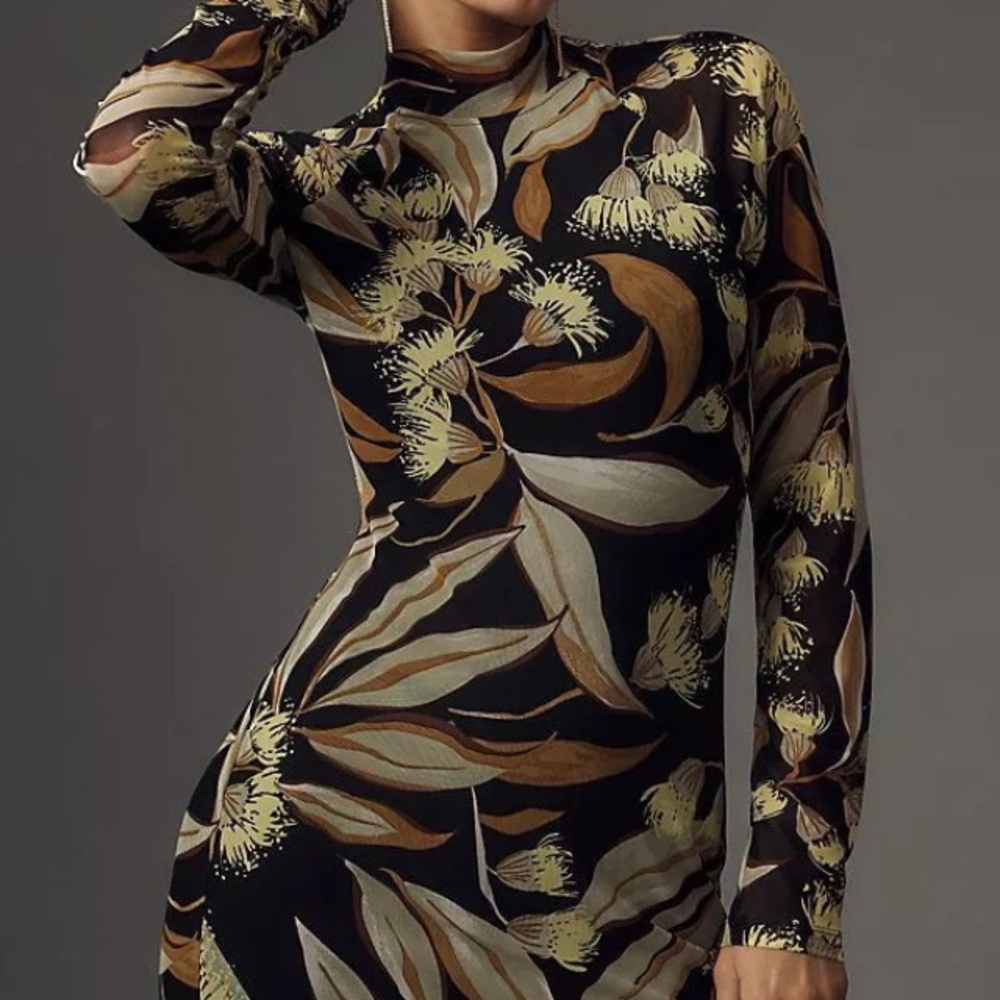 Anthropologie Leaf Print Mesh  Long Sleeve Dress XL - Picture 2 of 9
